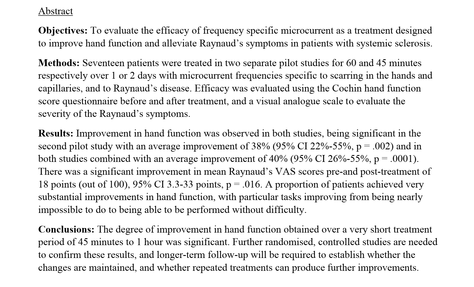 SCLERODERMA – Frequency Specific Microcurrent Improves Hand Function and Raynaud's Symptoms in Scleroderma: Results of Two Pilot Studies
